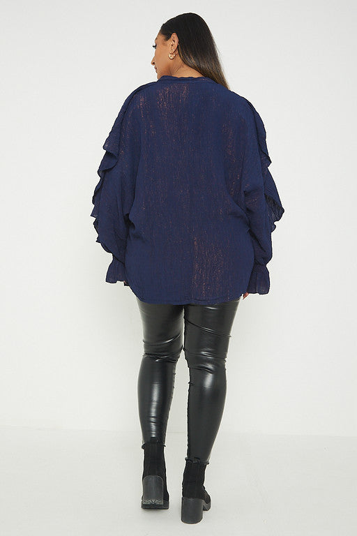 One Size Ruffle Detail Crinkle Lurex Shirt Blouse