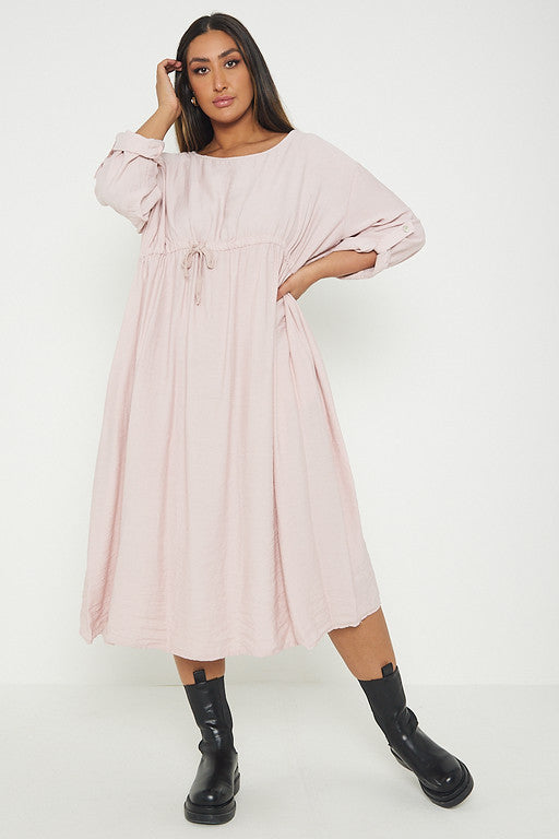 One Size  Crepe Turn Up Sleeve Pocket Midi Long Dress