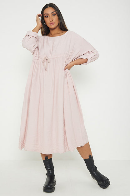 One Size  Crepe Turn Up Sleeve Pocket Midi Long Dress
