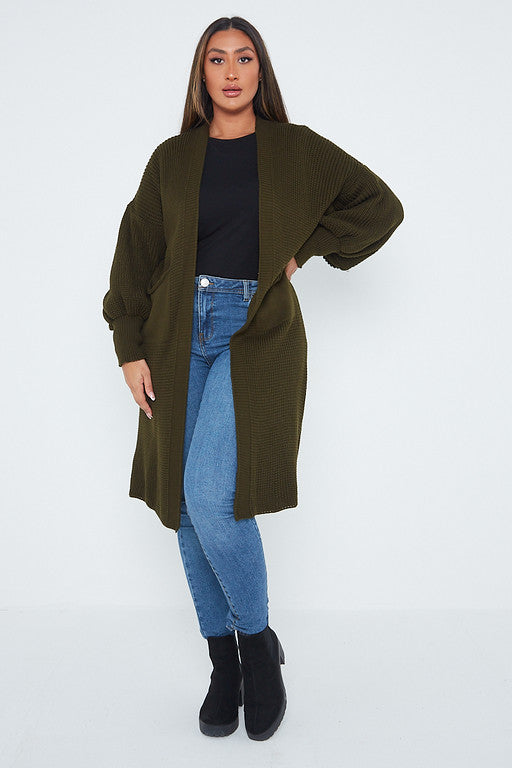 One Size Mid Length Knit Pocket Cardigan