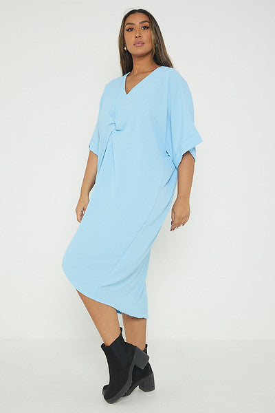 One Size Twist Front Mid Sleeve Midi Tunic Dress