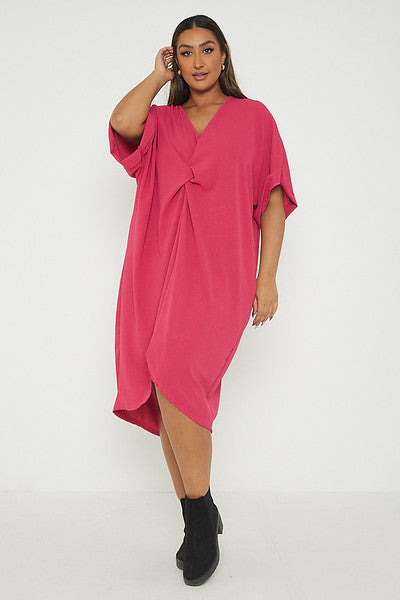 One Size Twist Front Mid Sleeve Midi Tunic Dress