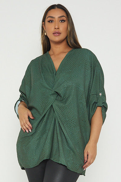 One Size Snake Print Twist Front Turn Up Sleeve Blouse