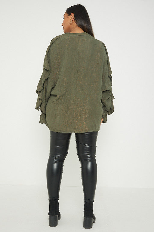 One Size Ruffle Detail Crinkle Lurex Shirt Blouse