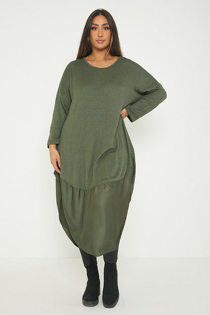 One Size Round Neck Knitted Jumper Dress With Satin Hem