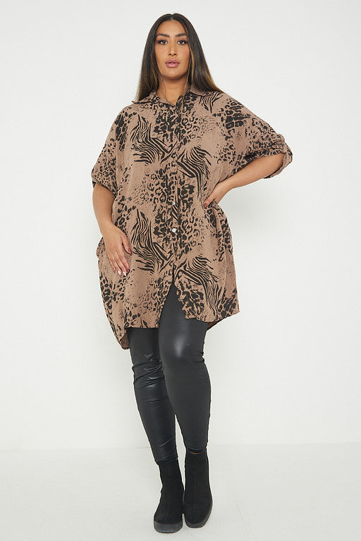 One Size Animal Print Turn Up Sleeve Shirt With Pockets