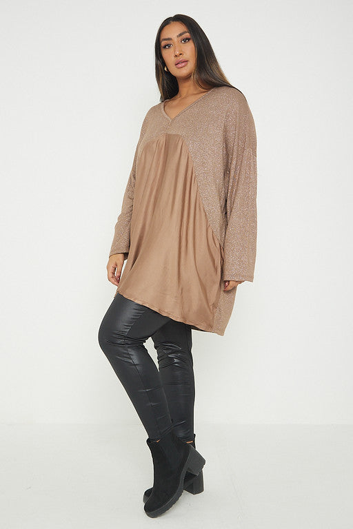 One Size Lurex Shimmer V Neck Knitted Top With Satin Front