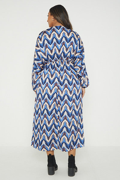 One Size Abstract Print Balloon Sleeve Maxi Long Dress