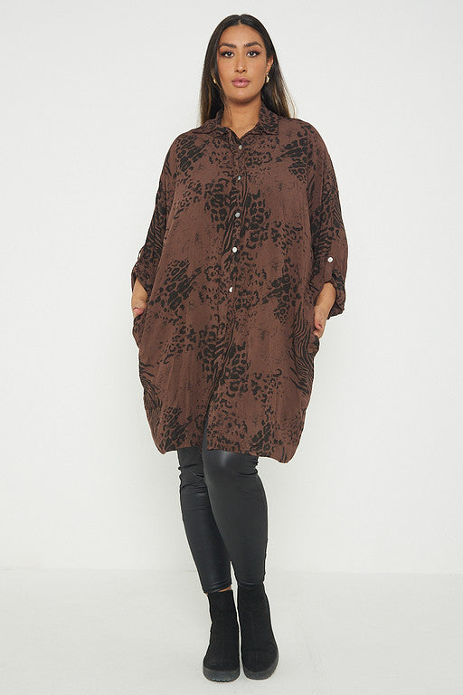 One Size Animal Print Turn Up Sleeve Shirt With Pockets