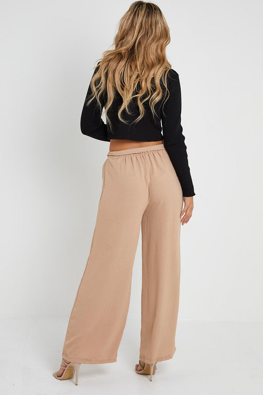 Elasticated Waist Belted Straight Flare Crepe Trousers