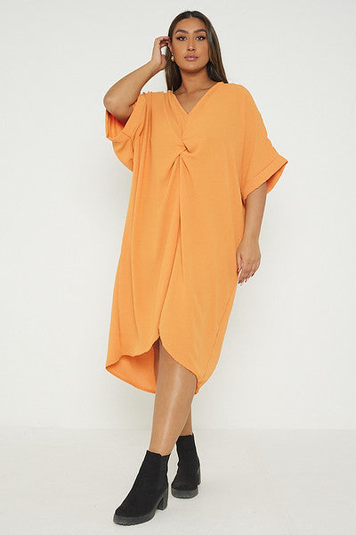 One Size Twist Front Mid Sleeve Midi Tunic Dress