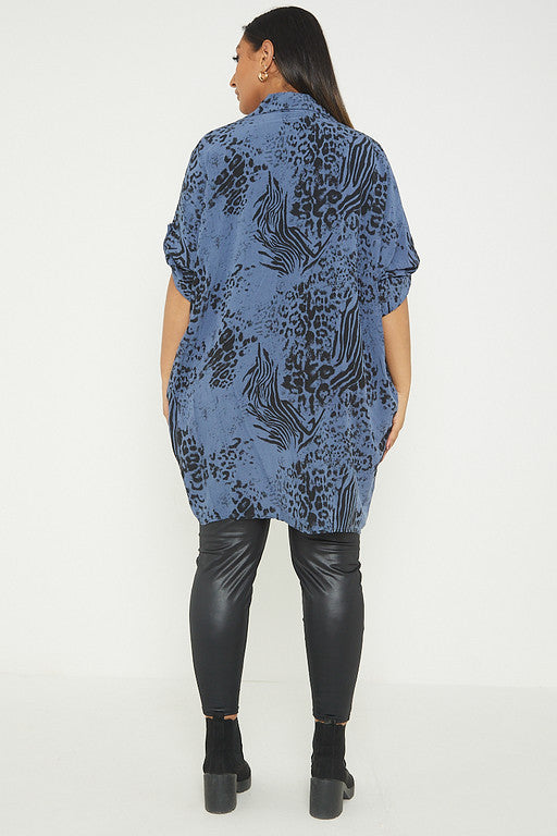 One Size Animal Print Turn Up Sleeve Shirt With Pockets