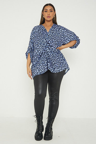 One Size Leopard Print Twist Front Turn Up Sleeve Blouse