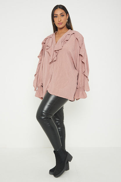 One Size Ruffle Detail Crinkle Lurex Shirt Blouse