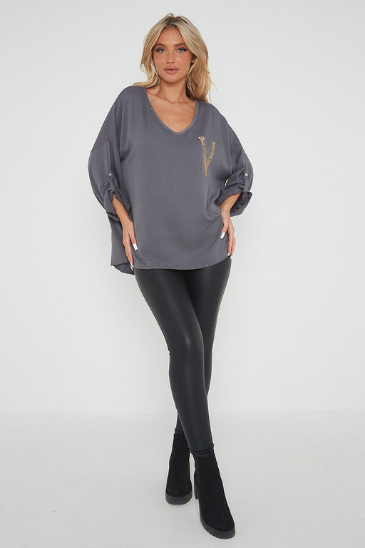 One Size 'V' Embellished V Neck Top