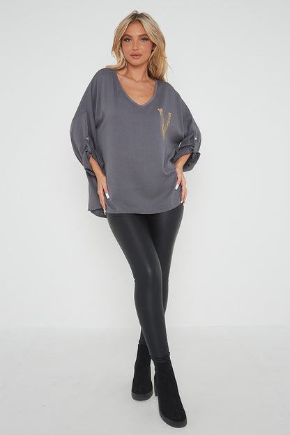 One Size 'V' Embellished V Neck Top