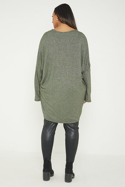 One Size Lurex Shimmer V Neck Knitted Top With Satin Front