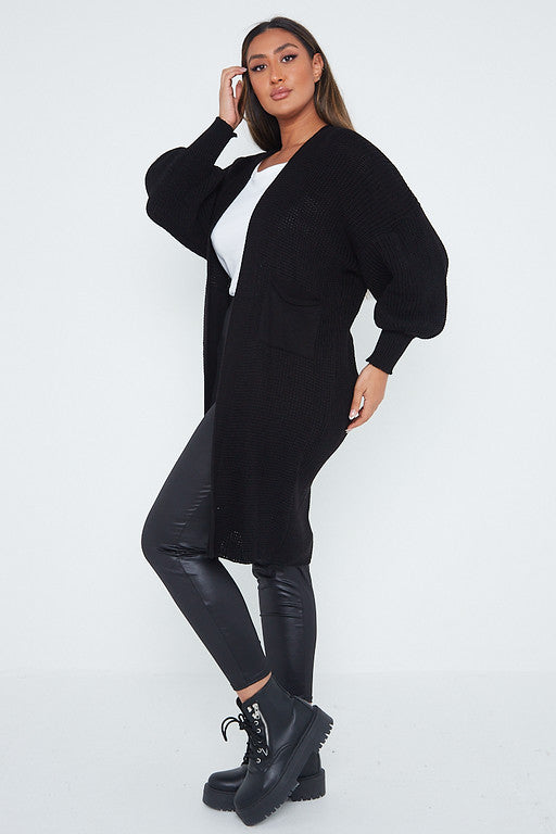 One Size Mid Length Knit Pocket Cardigan