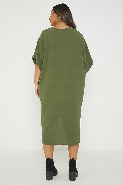One Size Twist Front Mid Sleeve Midi Tunic Dress