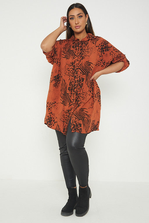 One Size Animal Print Turn Up Sleeve Shirt With Pockets