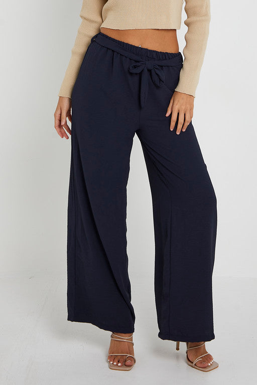 Elasticated Waist Belted Straight Flare Crepe Trousers