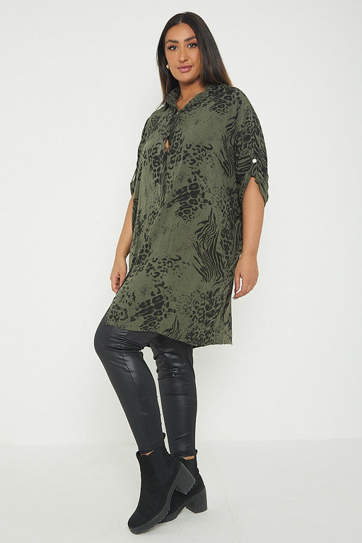 One Size Animal Print Turn Up Sleeve Shirt With Pockets