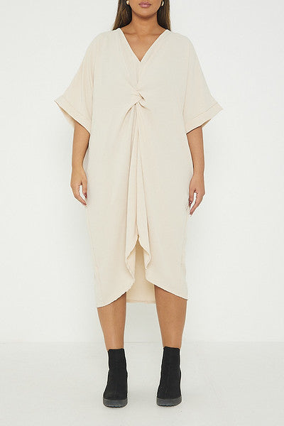 One Size Twist Front Mid Sleeve Midi Tunic Dress