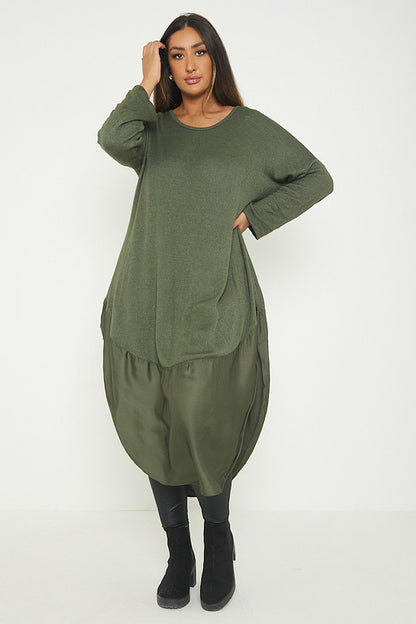 One Size Round Neck Knitted Jumper Dress With Satin Hem