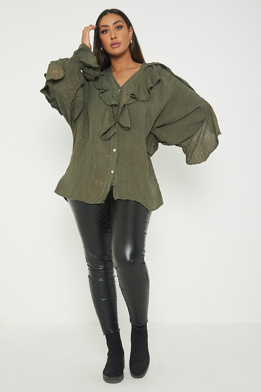 One Size Ruffle Detail Crinkle Lurex Shirt Blouse
