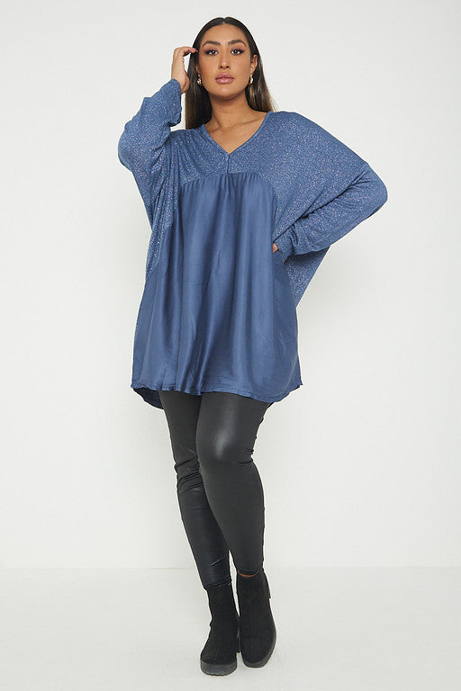 One Size Lurex Shimmer V Neck Knitted Top With Satin Front