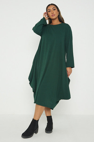 One Size Long Sleeved Waterfall Hem Midi Dress