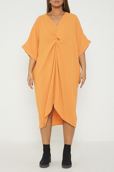 One Size Twist Front Mid Sleeve Midi Tunic Dress