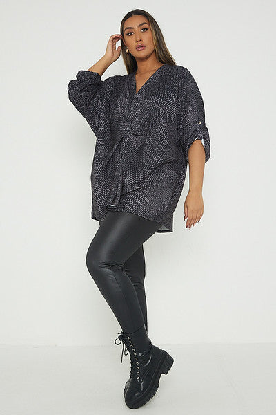 One Size Snake Print Twist Front Turn Up Sleeve Blouse