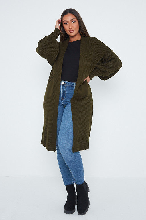 One Size Mid Length Knit Pocket Cardigan