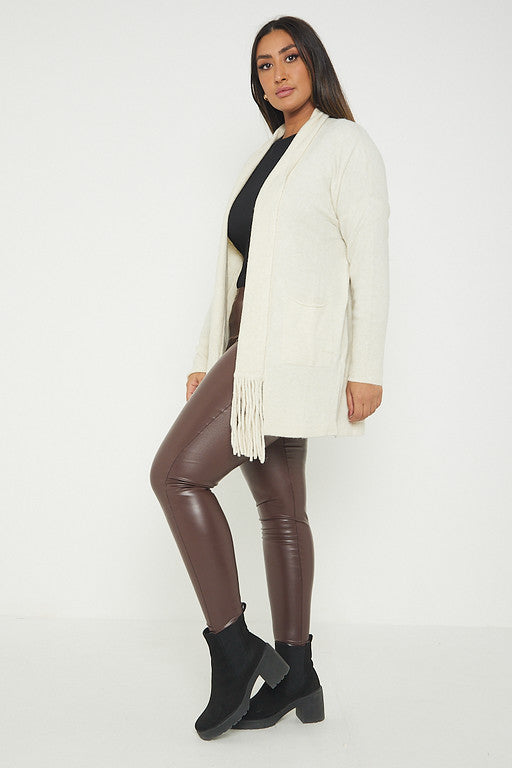 One Size Fringe Hem Pocket Cardigan Jumper