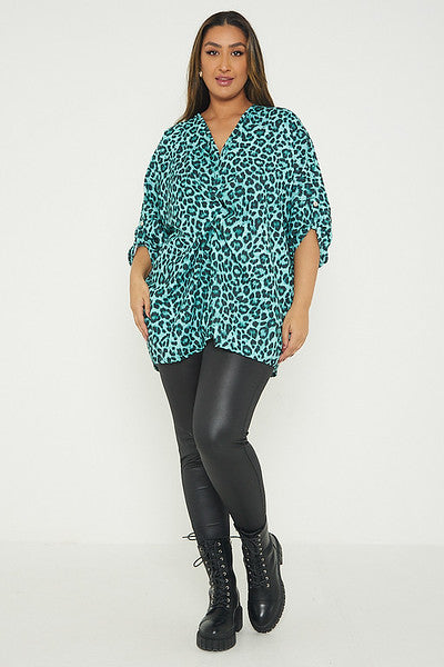 One Size Leopard Print Twist Front Turn Up Sleeve Blouse