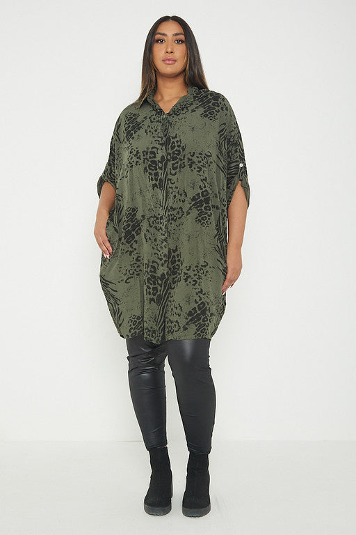 One Size Animal Print Turn Up Sleeve Shirt With Pockets
