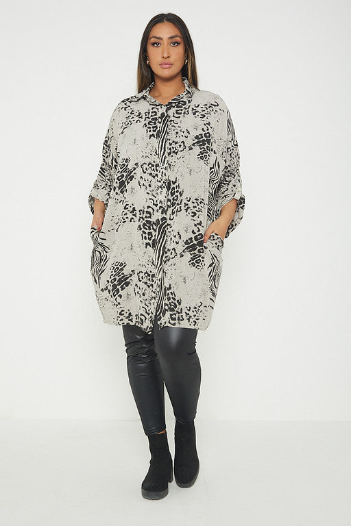 One Size Animal Print Turn Up Sleeve Shirt With Pockets