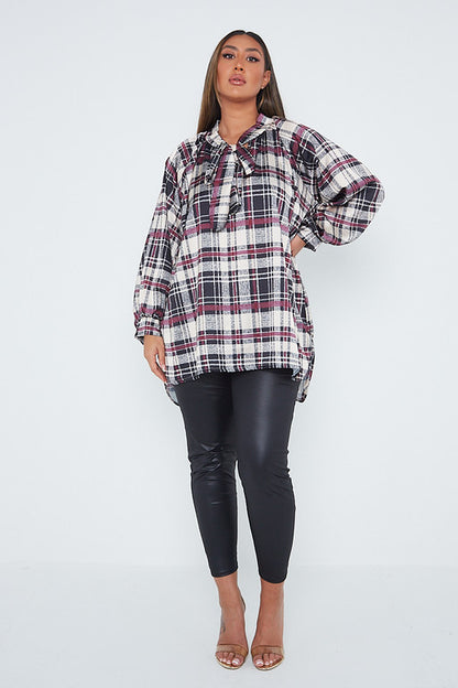 One Size Check Pussybow Blouse