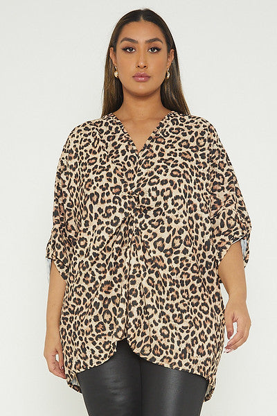 One Size Leopard Print Twist Front Turn Up Sleeve Blouse