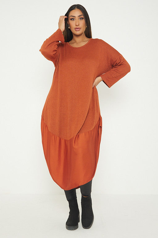 One Size Round Neck Knitted Jumper Dress With Satin Hem
