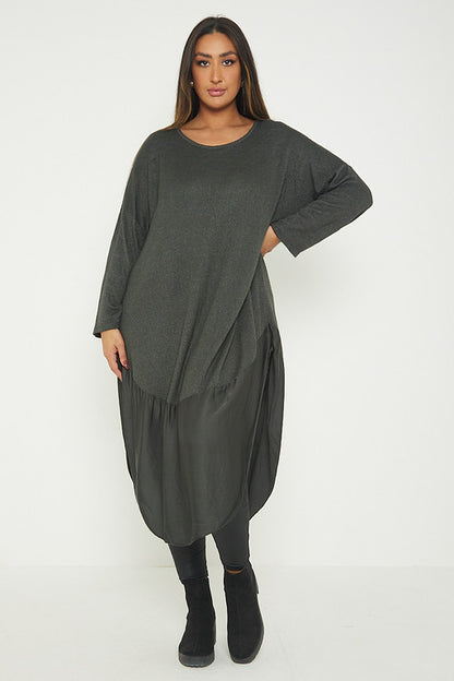 One Size Round Neck Knitted Jumper Dress With Satin Hem