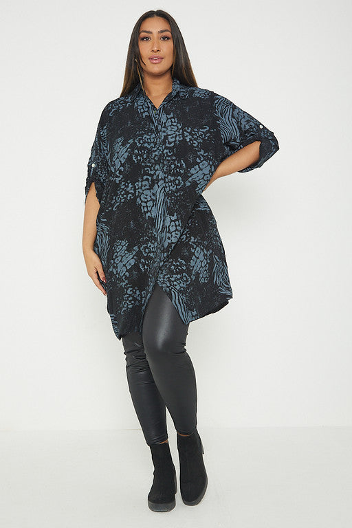 One Size Animal Print Turn Up Sleeve Shirt With Pockets