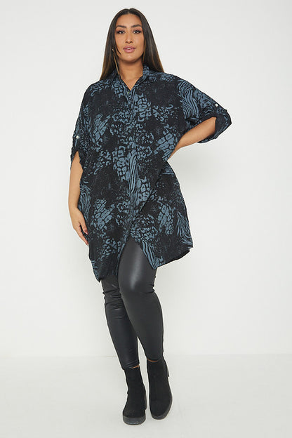 One Size Animal Print Turn Up Sleeve Shirt With Pockets