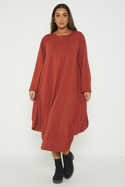 One Size Long Sleeved Waterfall Hem Midi Dress