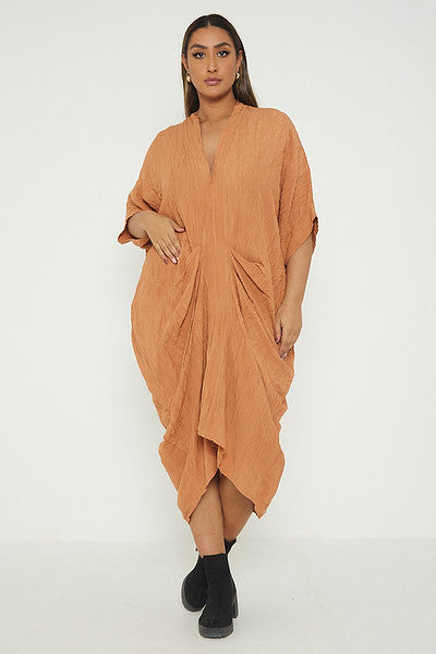One Size V Neck Gathered Tunic Maxi Dress
