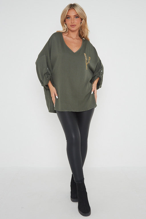 One Size 'V' Embellished V Neck Top