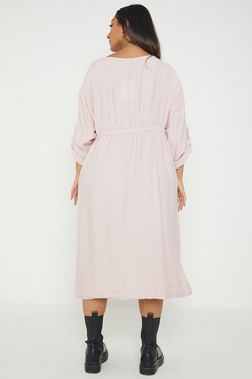 One Size  Crepe Turn Up Sleeve Pocket Midi Long Dress