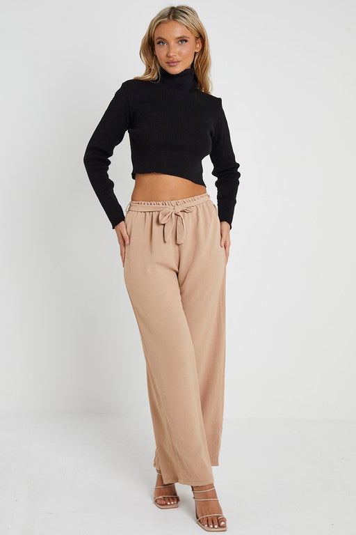 Elasticated Waist Belted Straight Flare Crepe Trousers