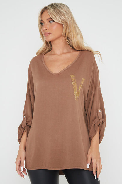 One Size 'V' Embellished V Neck Top
